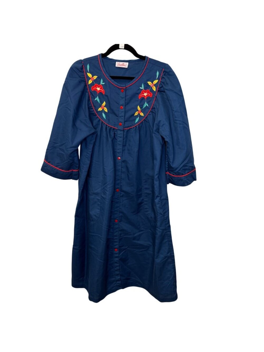VTG Smart Time Blue Button-Down Embroidered Floral Lounge Smock Size Medium